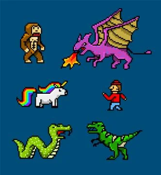 Pixel art 8 bit objects. Retro game assets. Set of icons. vintage computer video Illustrazione stock