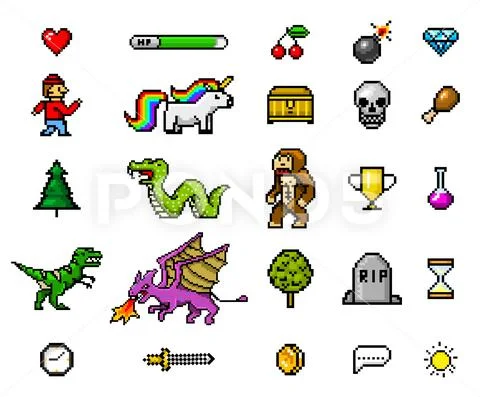 Pixel art 8 bit objects. Retro game assets. Set of icons. Vintage computer video Stock Illustration