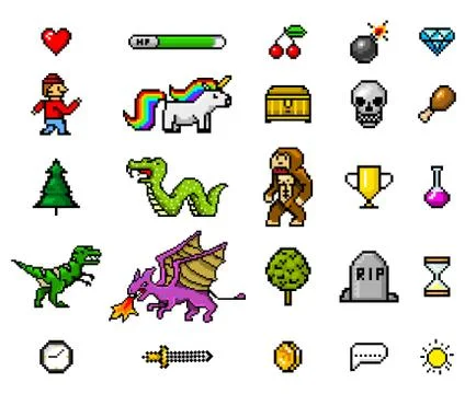 Pixel art 8 bit objects. Retro game assets. Set of icons. Vintage computer video Illustrazione stock