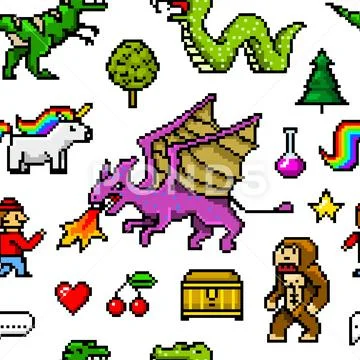 Pixel art 8 bit objects Seamless pattern. Retro game assets. Set of icons Stock Illustration