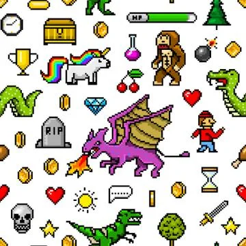 Pixel art 8 bit objects Seamless pattern. Retro game assets. Set of icons イラスト素材