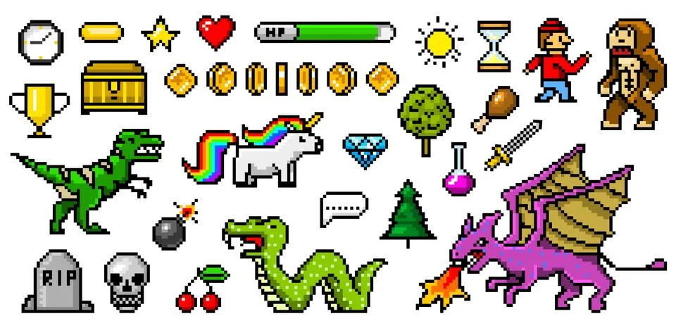 Pixel art 8 bit objects. Retro game assets. Set of icons. Vintage computer video Illustrazione stock