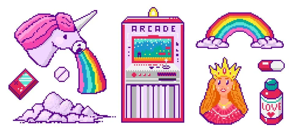 Pixel art 8 bit objects. Character Pony Cloud Rainbow Unicorn Princess. Retro Stock Illustration