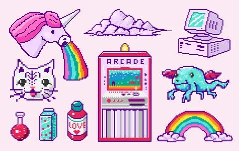 Pixel art 8 bit objects. Character Pony Cloud Rainbow Unicorn. Retro digital Stock Illustration