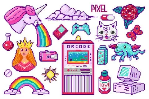 Pixel art 8 bit objects. Retro digital game assets. Set of Pink fashion icons Stock Illustration
