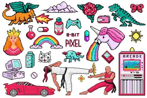 Pixel art 8 bit objects. Retro digital game assets. Set of Pink fashion icons Stock Illustration