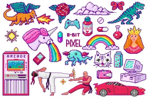 Pixel art 8 bit objects. Retro digital game assets. Set of Pink fashion icons Stock Illustration