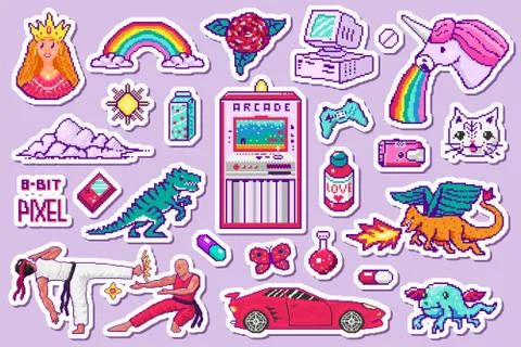 Pixel art 8 bit objects. Retro digital game assets. Set of Pink fashion icons Stock Illustration