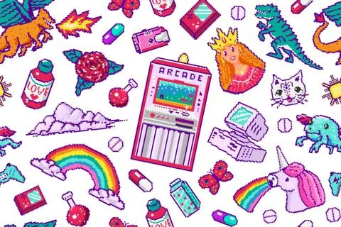 Pixel art 8 bit objects Seamless pattern. Retro digital game assets. Set of Pink イラスト素材