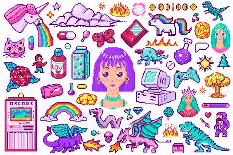 Pixel art 8 bit objects. Retro digital game assets. Set of Pink fashion icons Stock Illustration