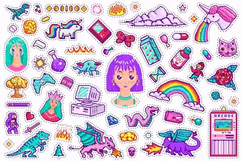 Pixel art 8 bit objects. Retro digital game assets. Set of Pink fashion icons Stock Illustration