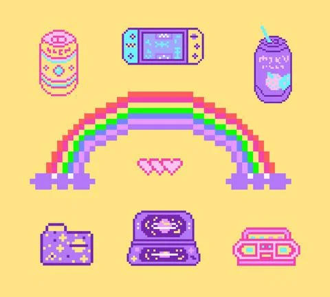 Pixel art 8 bit objects. Retro digital game assets. Set of Pink fashion icons Illustrazione stock