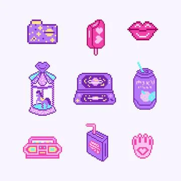 Pixel art 8 bit objects. Retro digital game assets. Set of Pink fashion icons Illustrazione stock