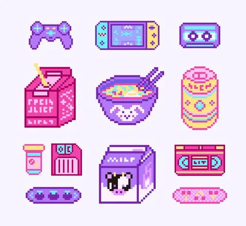 Pixel art 8 bit objects. Retro digital game assets. Set of Pink fashion icons Illustrazione stock