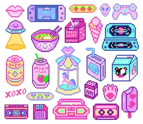 Pixel art 8 bit objects. Retro digital game assets. Set of Pink fashion icons Stock Illustration