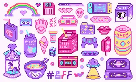Pixel art 8 bit objects. Retro digital game assets. Set of Pink fashion icons Illustrazione stock