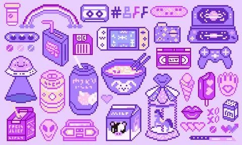 Pixel art 8 bit objects. Retro digital game assets. Set of Pink fashion icons Stock Illustration
