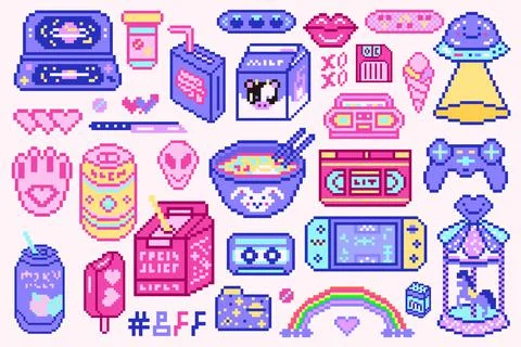 Pixel art 8 bit objects. Retro digital game assets. Set of Pink fashion icons Stock Illustration