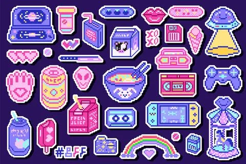 Pixel art 8 bit objects. Retro digital game assets. Set of Pink fashion icons Illustrazione stock