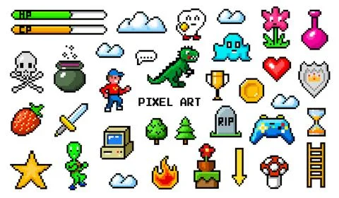Pixel art 8 bit objects. Retro game assets. Set of icons. Vintage computer video Stock Illustration