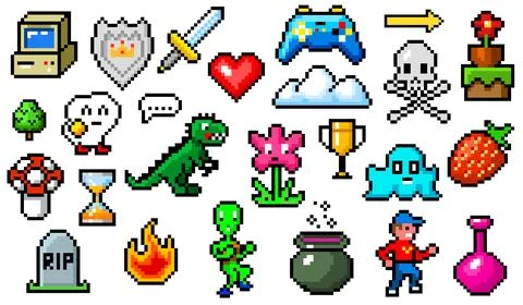 Pixel art 8 bit objects. Retro game assets. Set of icons. Vintage computer video Illustrazione stock