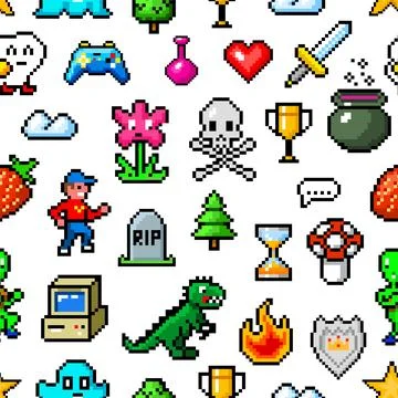 Pixel art 8 bit objects. Seamless pattern. Retro game assets. Set of icons イラスト素材