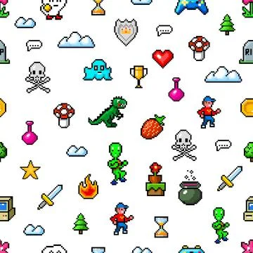 Pixel art 8 bit objects. Seamless pattern. Retro game assets. Set of icons Illustrazione stock