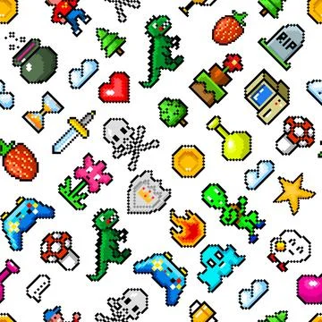 Pixel art 8 bit objects. Seamless pattern. Retro game assets. Set of icons Illustrazione stock