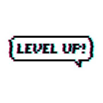 Pixel art 8-bit speech bubble saying level up with glitch effect Stock Illustration