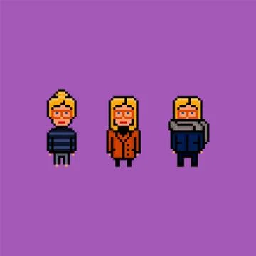 Pixel art 8 bit vector illustration set - young blond woman wearing different Stock Illustration