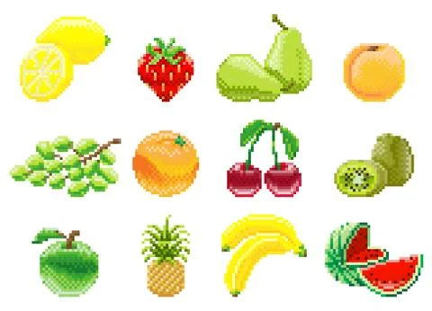 Pixel Art 8 Bit Video Game Fruit Icon Set Иллюстрация
