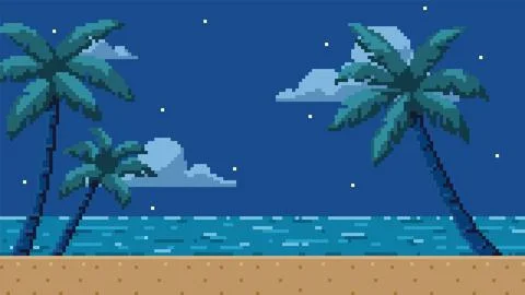 Pixel art 8 bit video game background with sea beach, palm trees and starry sky Stock Illustration
