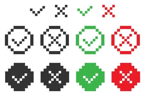 Pixel art 8bit check mark and cross icon. Positive and negative choice symb.. Stock Illustration