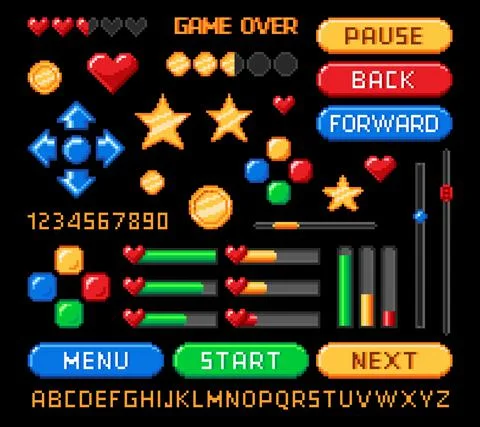 Pixel art 8bit game interface, retro buttons, bars Stock Illustration