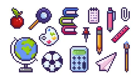 Pixel art 8bit school icons, educational supplies Stock Illustration