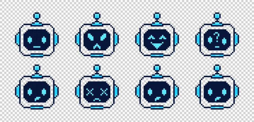 Pixel Art AI Robot Face Emoji Set with Cute Retro 8 Bit Expressions Stock Illustration