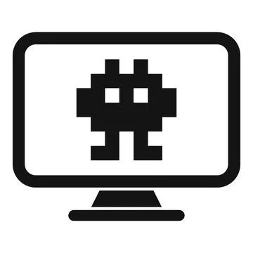 Pixel art alien invader displaying on computer monitor Illustrazione stock