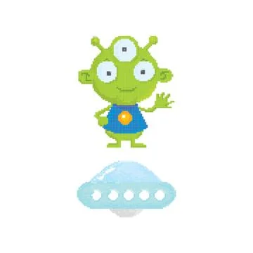 Pixel art alien with spaceship イラスト素材
