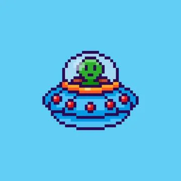 Pixel art Alien in UFO Spaceship game asset design Stock Illustration