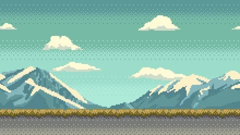 Pixel art animation of background with snow capped mountains. Vidéo 248623997