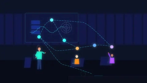 Pixel art animation of classroom network data sharing glowing nodes 스톡 동영상 346540763