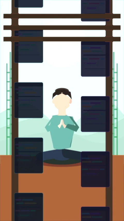 Pixel art animation of coder meditation with code windows and temple 動画素材 346550449