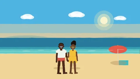 Pixel art animation couple walking on tropical beach ocean vacation loop Stock Footage 346543528