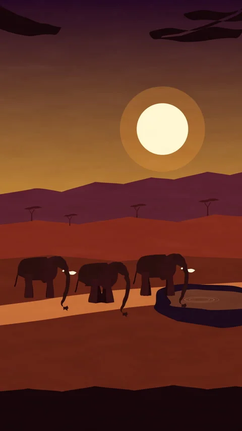 Pixel art animation of elephants drinking water at sunset in the african Stock Footage 346739369
