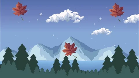 Pixel art animation of falling maple leaves over mountain landscape and pin.. Stock Footage 333722313