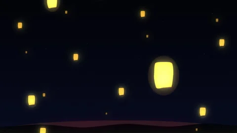 Pixel art animation of floating lanterns rising into night sky Stock Footage 347946996