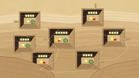 Pixel art animation game map network nodes connection data transfer Video stock 347206218