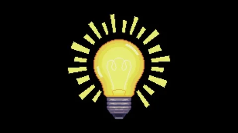 Pixel art animation of glowing light bulb with shining rays on black background Stock Footage 316384868