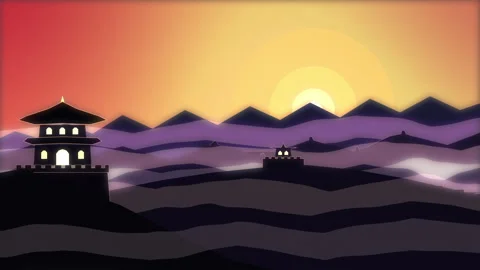 Pixel art animation landscape with temple, sunset, mountains, retro game loop Stock Footage 347206243