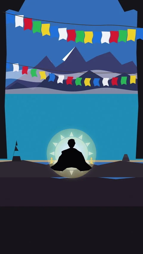 Pixel art animation of monk meditating peacefully with prayer flags Stock Footage 347060175